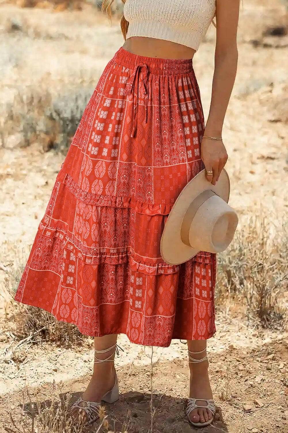 Printed Drawstring Midi Skirt - StyleLure