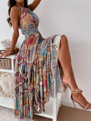 Printed Halter Neck Maxi Dress - StyleLure