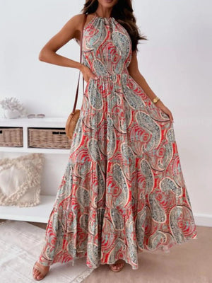 Printed Halter Neck Maxi Dress - StyleLure