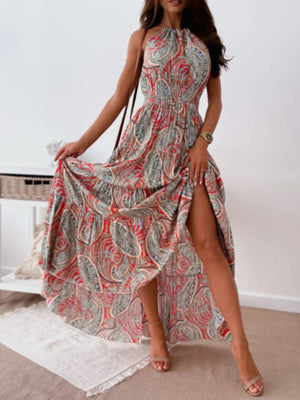 Printed Halter Neck Maxi Dress - StyleLure