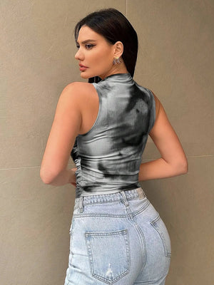 Printed Mock Neck Ruched Tank - StyleLure