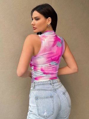 Printed Mock Neck Ruched Tank - StyleLure