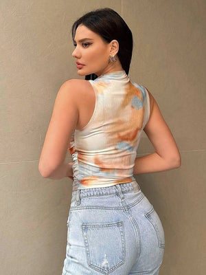 Printed Mock Neck Ruched Tank - StyleLure