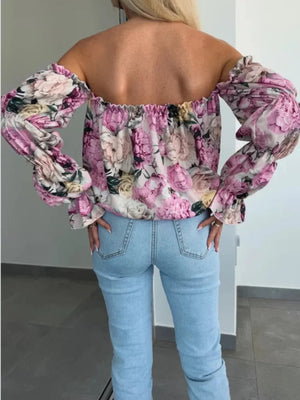 Printed Off - Shoulder Flounce Sleeve Blouse - StyleLure