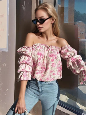 Printed Off - Shoulder Flounce Sleeve Blouse - StyleLure