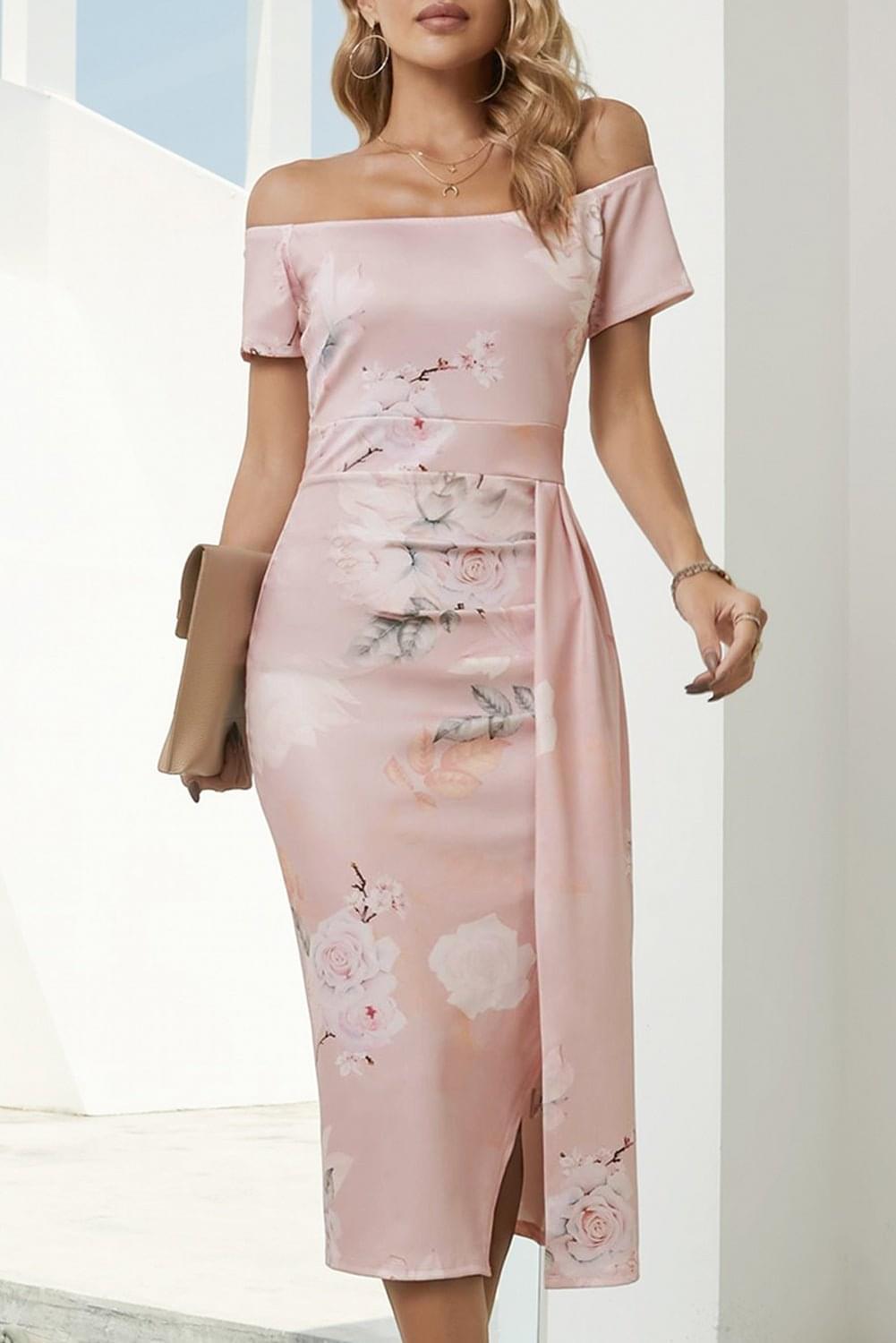 Printed Off - Shoulder Split Dress - StyleLure