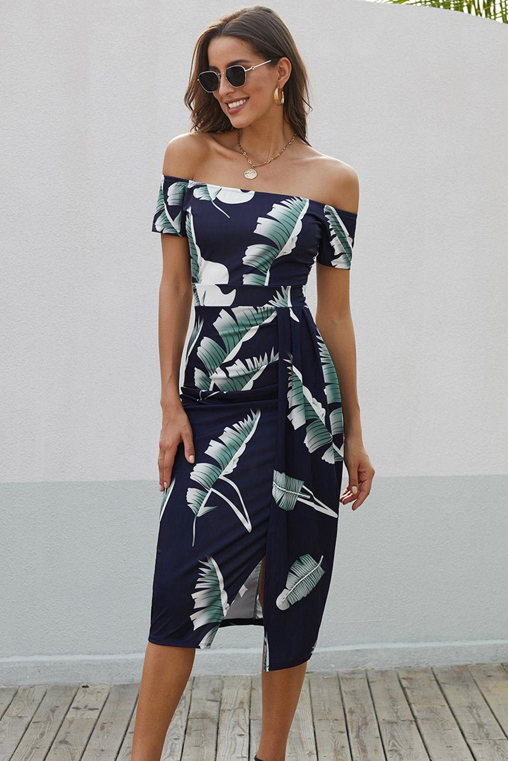 Printed Off - Shoulder Split Dress - StyleLure