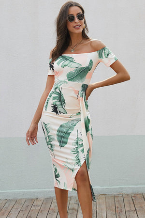 Printed Off - Shoulder Split Dress - StyleLure