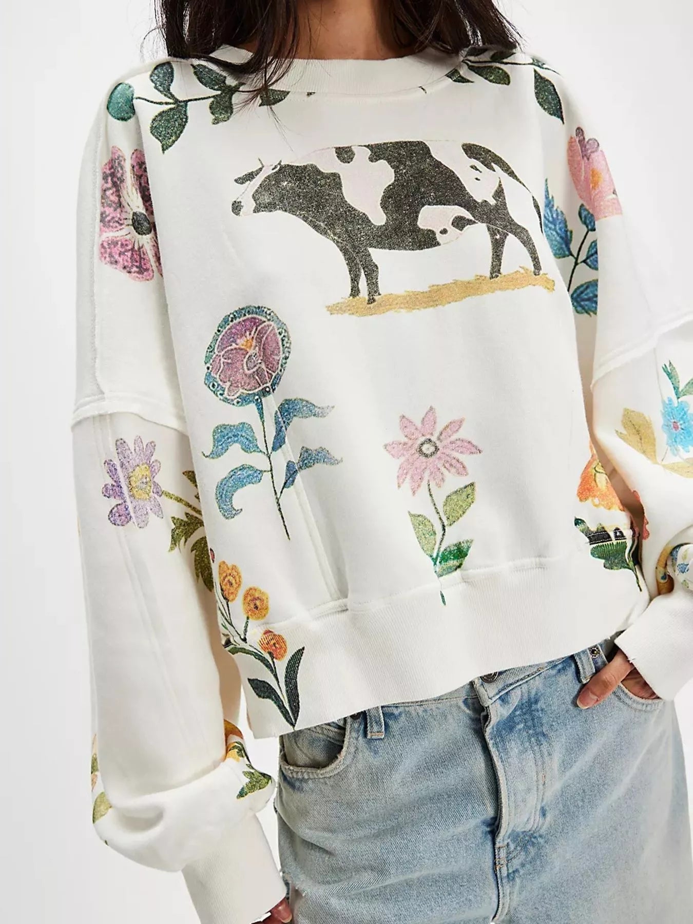 Printed Round Neck Dropped Shoulder Sweatshirt - StyleLure