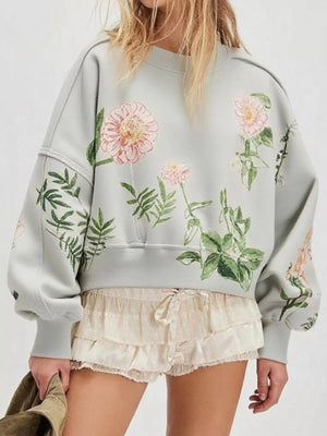 Printed Round Neck Dropped Shoulder Sweatshirt - StyleLure