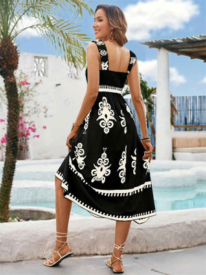 Printed Square Neck Wide Strap Midi Dress - StyleLure