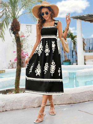 Printed Square Neck Wide Strap Midi Dress - StyleLure