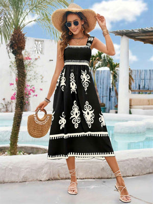 Printed Square Neck Wide Strap Midi Dress - StyleLure