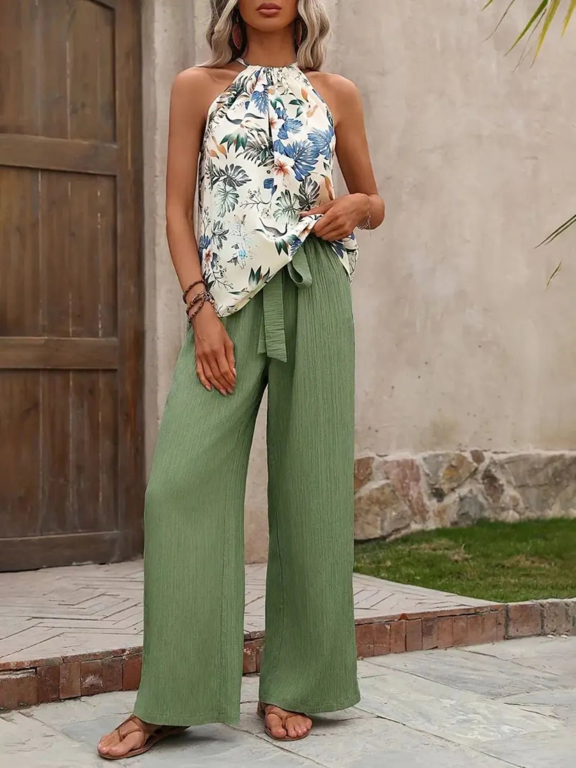 Printed Tank Top and Wide Leg Pants Set - StyleLure