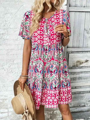 Printed Tie Neck Short Sleeve Dress - StyleLure