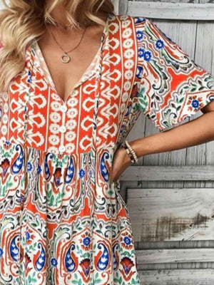 Printed Tie Neck Short Sleeve Dress - StyleLure