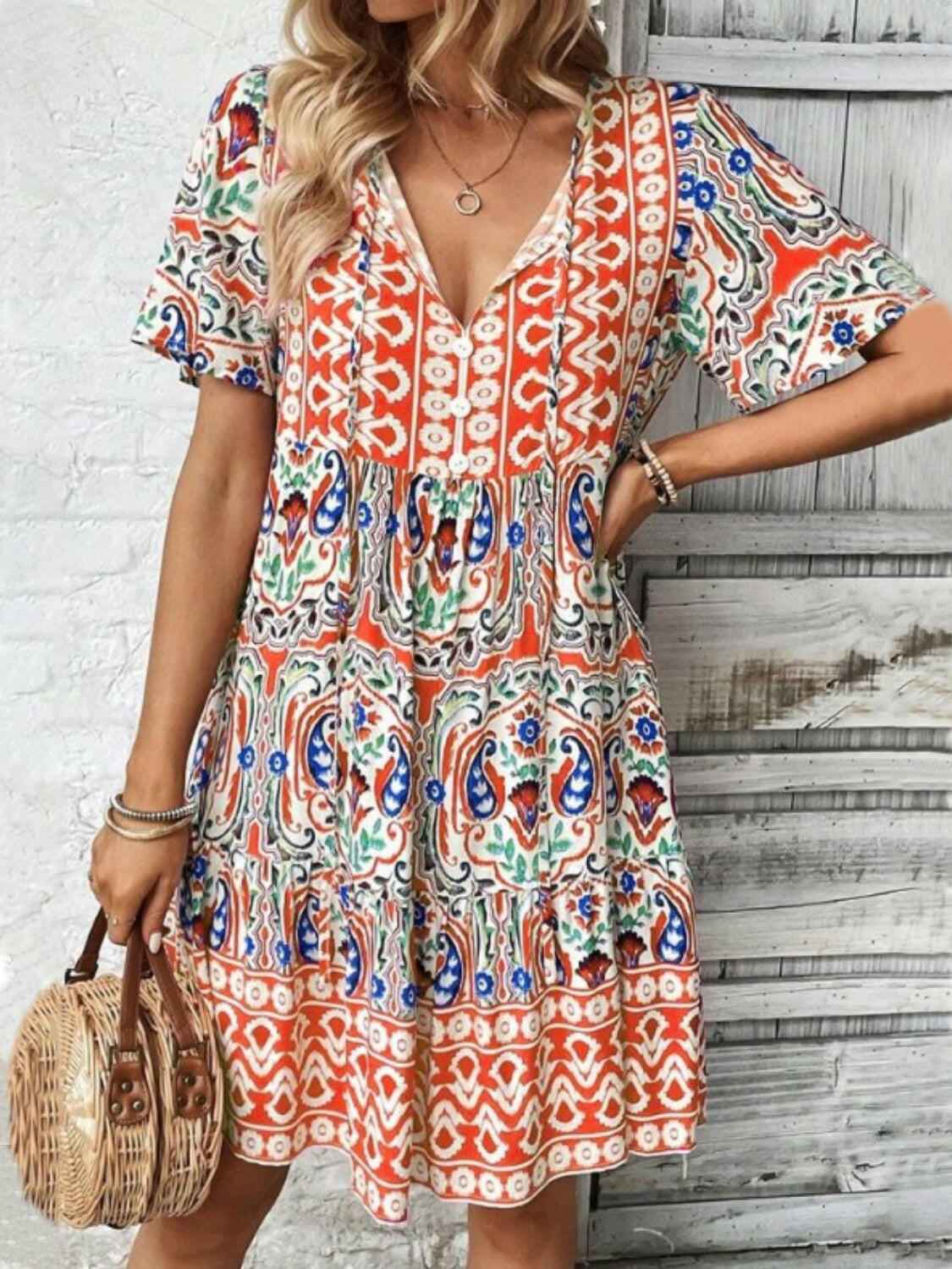 Printed Tie Neck Short Sleeve Dress - StyleLure
