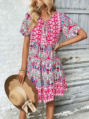 Printed Tie Neck Short Sleeve Dress - StyleLure