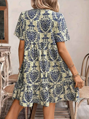 Printed Tie Neck Short Sleeve Dress - StyleLure