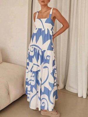 Printed Tiered Square Neck Maxi Dress - StyleLure
