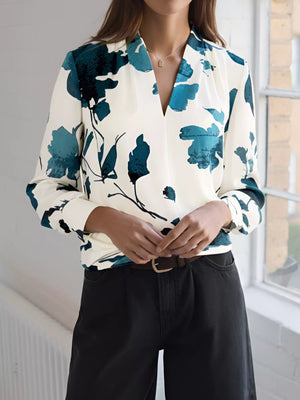 Printed V - Neck Long Sleeve Blouse - StyleLure