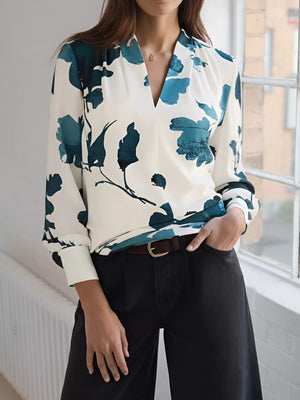 Printed V - Neck Long Sleeve Blouse - StyleLure