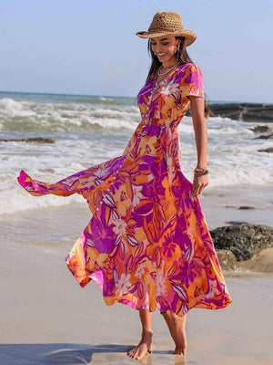 Printed V - Neck Short Sleeve Midi Dress - StyleLure
