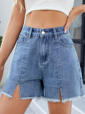 Raw Hem Slit Denim Shorts - StyleLure