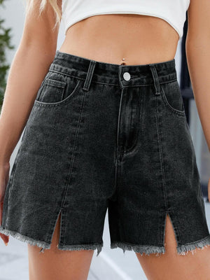 Raw Hem Slit Denim Shorts - StyleLure