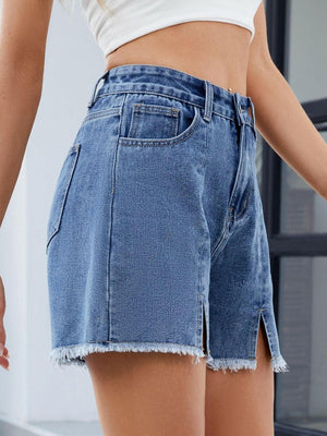 Raw Hem Slit Denim Shorts - StyleLure