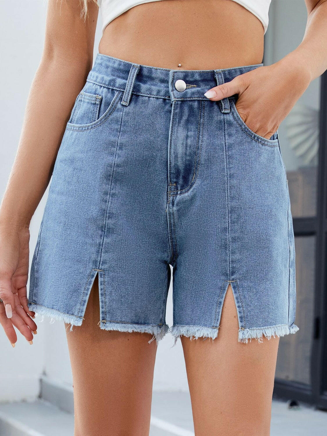 Raw Hem Slit Denim Shorts - StyleLure