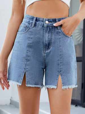Raw Hem Slit Denim Shorts - StyleLure