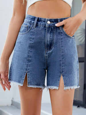 Raw Hem Slit Denim Shorts - StyleLure