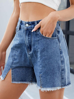 Raw Hem Slit Denim Shorts - StyleLure