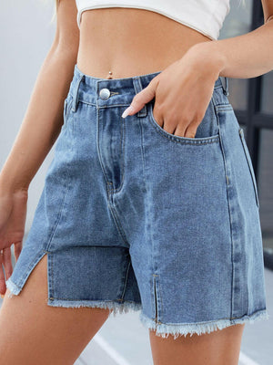 Raw Hem Slit Denim Shorts - StyleLure