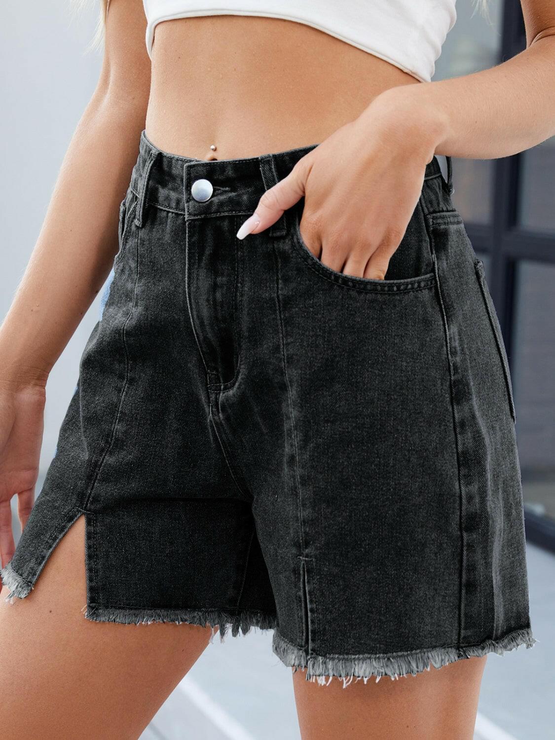 Raw Hem Slit Denim Shorts - StyleLure