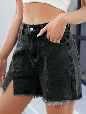 Raw Hem Slit Denim Shorts - StyleLure