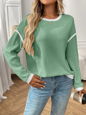 Ribbed Contrast Trim Long Sleeve Top - StyleLure