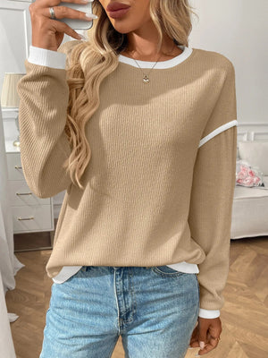 Ribbed Contrast Trim Long Sleeve Top - StyleLure
