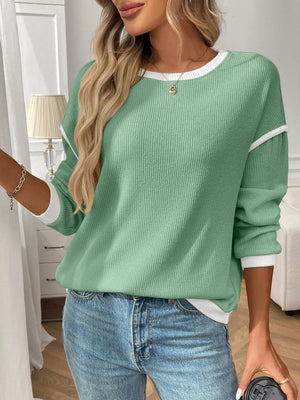 Ribbed Contrast Trim Long Sleeve Top - StyleLure