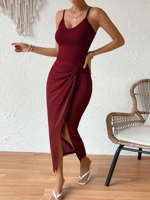 Ribbed Wrap Midi Dress with Side Slit - StyleLure