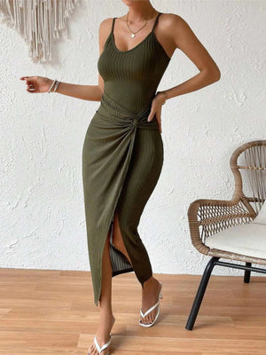Ribbed Wrap Midi Dress with Side Slit - StyleLure