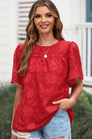 Round Neck Puff Sleeve Blouse - StyleLure