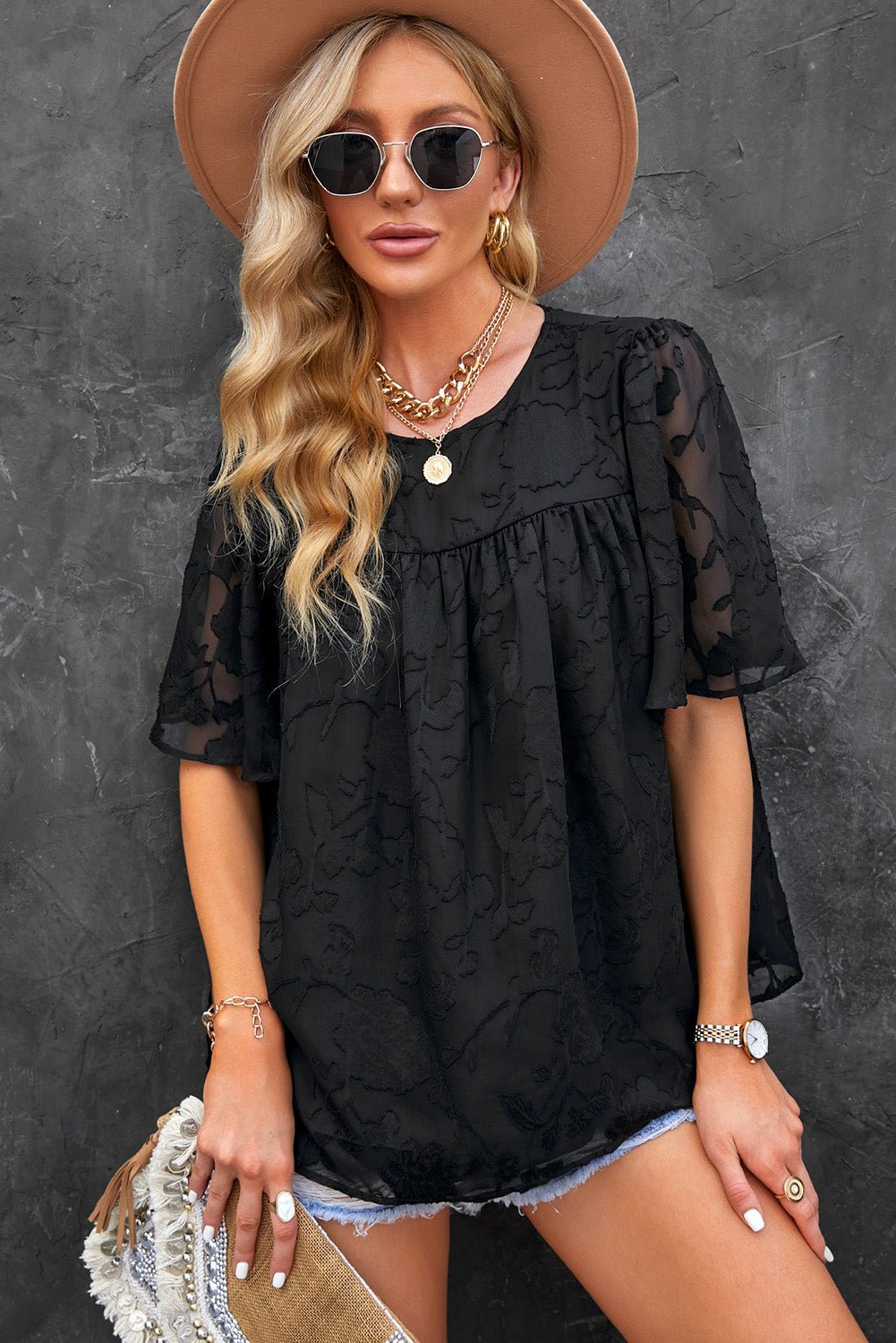 Round Neck Puff Sleeve Blouse - StyleLure