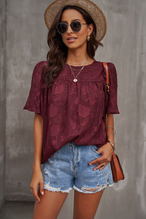 Round Neck Puff Sleeve Blouse - StyleLure