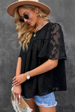 Round Neck Puff Sleeve Blouse - StyleLure