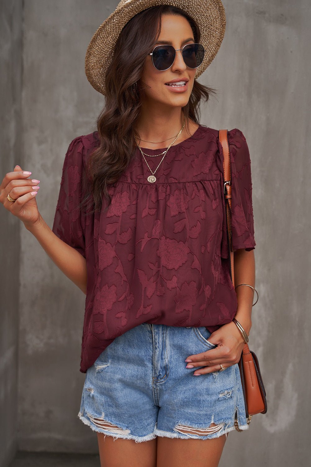 Round Neck Puff Sleeve Blouse - StyleLure