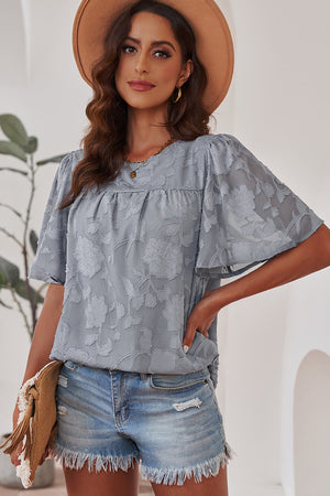 Round Neck Puff Sleeve Blouse - StyleLure
