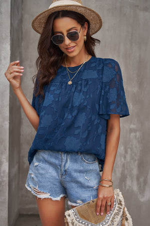 Round Neck Puff Sleeve Blouse - StyleLure