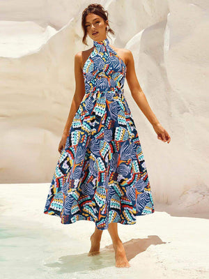 Ruched Printed Halter Neck Dress - StyleLure
